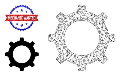 Triangular Mesh Gear Icon and Distress Bicolor Mechanic Wanted Stamp Seal Illustrazione stock