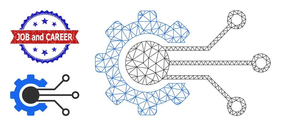 Triangular Mesh Gear Solution Icon and Unclean Bicolor Job and Career Stamp Seal Stock Illustration