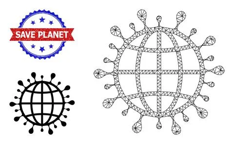 Triangular Mesh Global Coronavirus Icon and Distress Bicolor Save Planet Stock Illustration