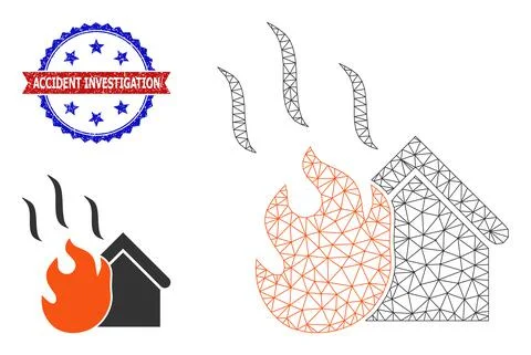 Triangular Mesh House Fire Icon and Scratched Bicolor Accident Investigation Stock Illustration