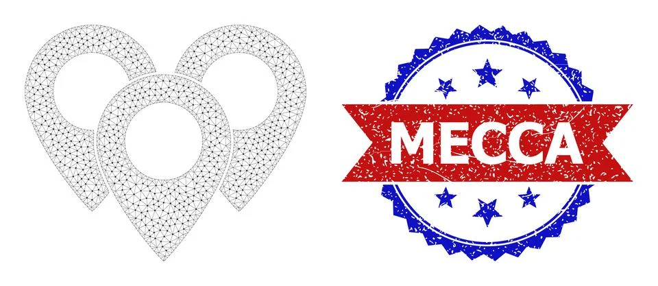 Triangular Mesh Map Markers Icon and Distress Bicolor Mecca Stamp 스톡 일러스트