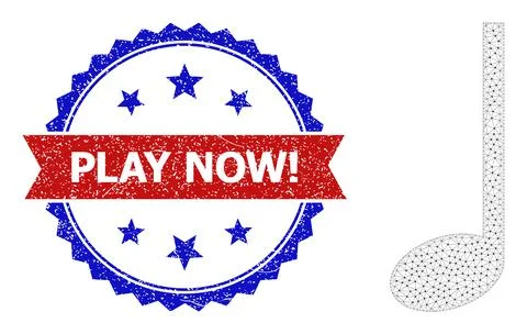 Triangular Mesh Music Note Icon and Grunge Bicolor Play Now! Watermark Illustrazione stock