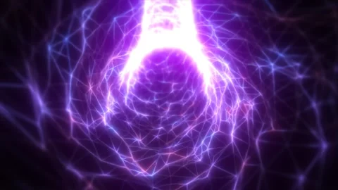 Triangular mesh network of glowing purple energy forming a digital vortex, .. Stock Footage 309567515