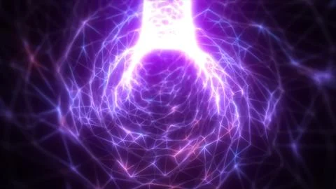 Triangular mesh network of glowing purple energy forming a digital vortex, sy 스톡 사진