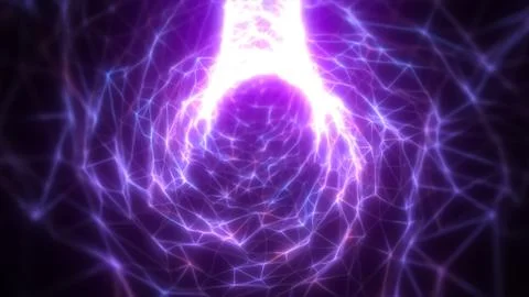 Triangular mesh network of glowing purple energy forming a digital vortex, .. 写真素材