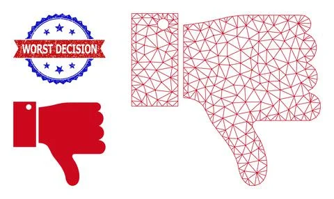 Triangular Mesh Thumb Down Icon and Distress Bicolor Worst Decision Stamp Illustrazione stock