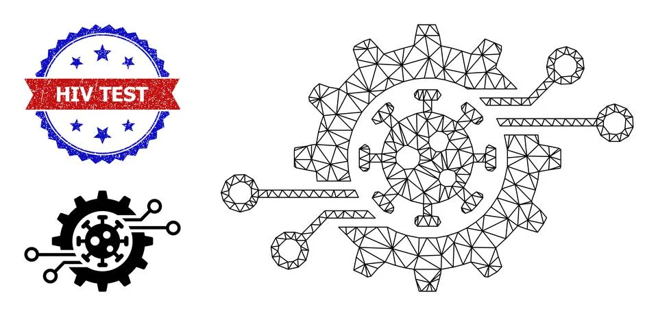Triangular Mesh Virus Electronics Gear Icon and Grunge Bicolor HIV Test Seal Stock Illustration