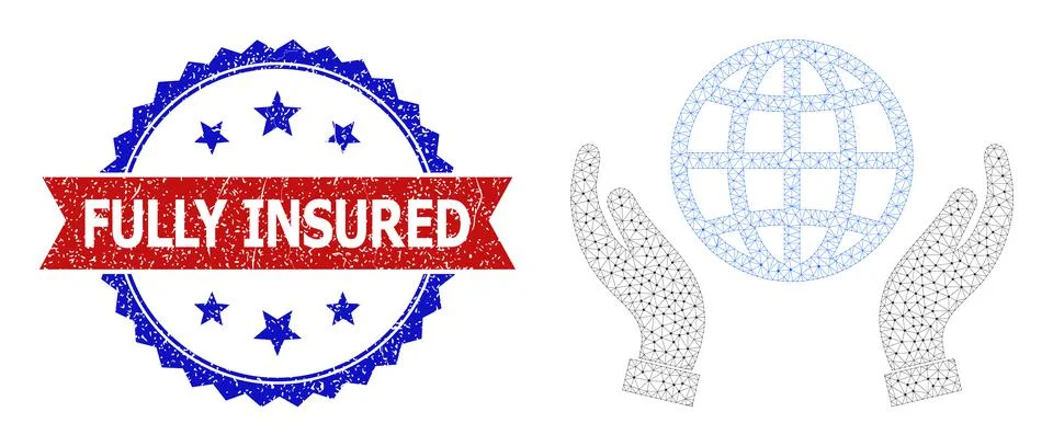 Triangular Mesh World Care Hands Icon and Unclean Bicolor Fully Insured Stamp Stock Illustration