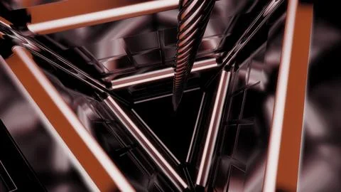 Triangular metal dark tunnel with hanging thick metal cable. Design. Spinning Illustrazione stock