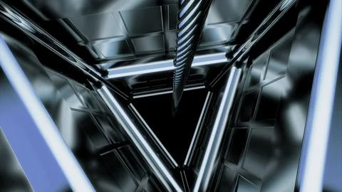 Triangular metal dark tunnel with hanging thick metal cable. Design. Spinning Illustrazione stock