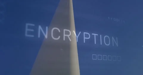 Triangular monolith rising in stylized sky, featuring floating binary code and Video stock 307885825