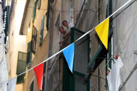 Triangular multi-colored flags 스톡 사진