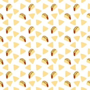 Triangular Nacho chips Meat and vegetables filled Taco Seamless Pattern Mexican Stock Illustration