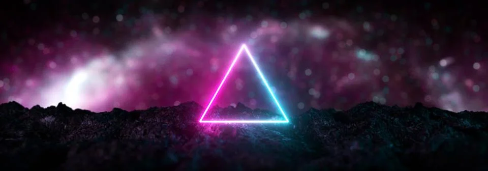 Triangular neon light on rocky ground pink blue bokeh Futuristic retro neo... Foto stock