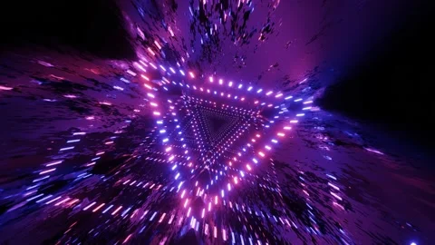 Triangular neon tunnel. Fly through mirror tunnel with neon pattern, glow lines Stock Footage 234451649