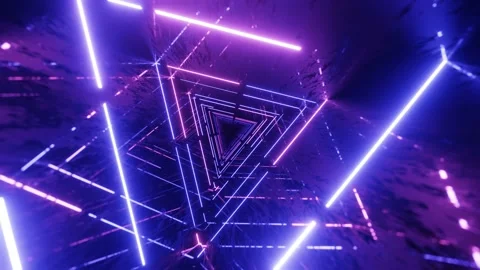 Triangular neon tunnel. Fly through mirror tunnel with neon pattern, glow lines Stock Footage 235232970