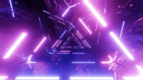 Triangular neon tunnel. Fly through mirror tunnel with neon pattern, glow lines Stock Footage 239573540