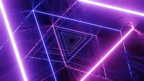 Triangular neon tunnel. Fly through mirror tunnel with neon pattern, glow lines Stock Footage 275877176