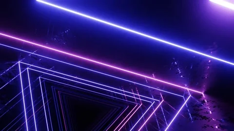 Triangular neon tunnel. Fly through mirror tunnel with neon pattern, glow lines Stock Footage 279746095