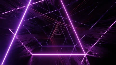 Triangular neon tunnel. Fly through mirror tunnel with neon pattern, glow lines Stock Footage 280462884