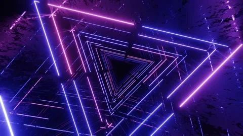 Triangular neon tunnel. Fly through mirror tunnel with neon pattern, glow lines Stock Footage 280463030