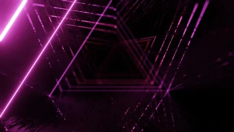 Triangular neon tunnel. Fly through mirror tunnel with neon pattern, glow lines Stock Footage 281349871