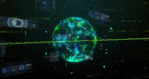 Triangular network globe floating in dark void showing glowing data streams and Stock Footage 309285017