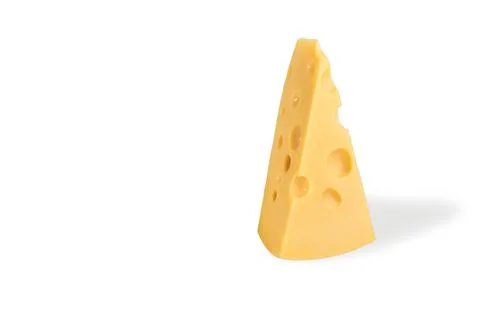 Triangular piece of cheese with holes isolated on a white background. Dutch H 스톡 사진