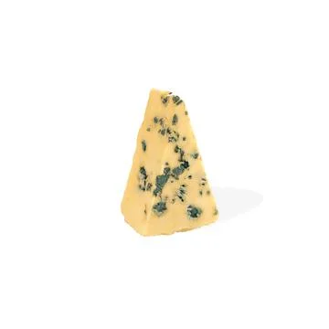 Triangular piece of cheese with mold. blue cheese. Wedge of soft blue cheese  Fotos de archivo