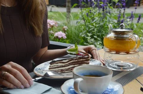 A triangular piece of chocolate cake lies on a plate on a table in a summer c Fotos de archivo