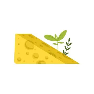 Triangular piece of Swiss cheese with green herbs. Tasty gourmet food. Healthy Illustrazione stock