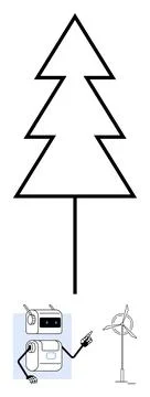 Triangular pine tree thinking robot, wind turbine. Ideal for sustainability,  Ilustração Stock