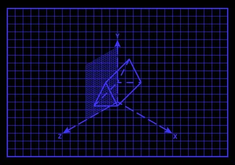 Triangular prism geometry spatial projection grid neon blue background black Stock Illustration