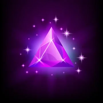 Triangular purple shining gemstone with magical glow and stars on dark Stock Illustration