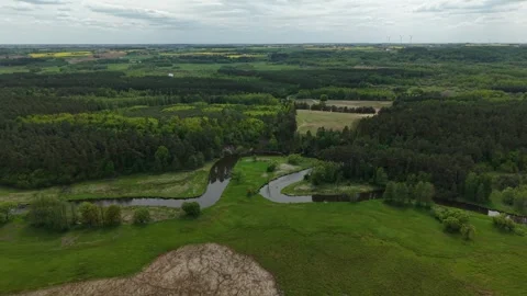 Triangular River Meander – High Altitude Sideways Left Wide Aerial Landscape Pas Stock Footage 335225996