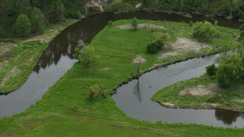 Triangular River Meander – High Altitude Sideways Left Telephoto Establishing Stock Footage 335229303