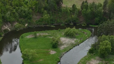 Triangular River Meander – High Altitude Forward Telephoto Aerial Establishing Stock Footage 335231424