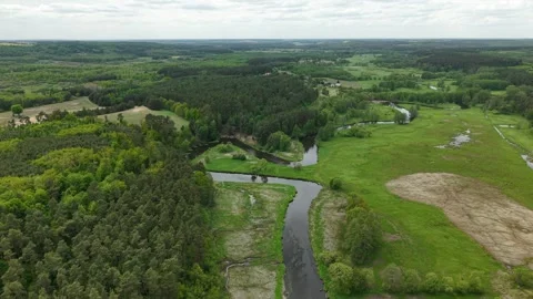Triangular River Meander – High Altitude Forward Aerial Establishing Overview Stock Footage 335244652