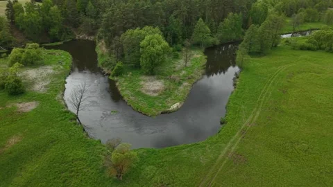 Triangular River Meander – Wide Orbit Left Aerial Flight Around River Peninsula Stock Footage 335240513