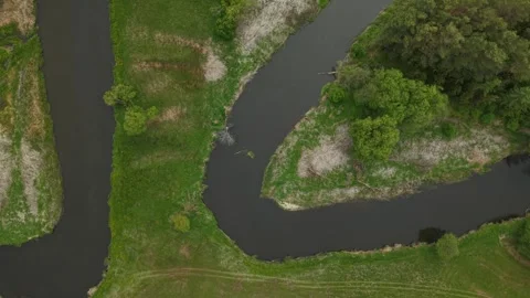 Triangular River Meander – Wide Topdown Aerial Flight Along the Outer Edge Stock Footage 335237950