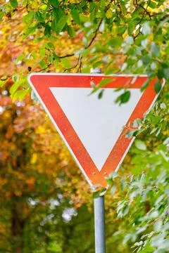 Triangular road sign with foliage and autumn background Stock Photos