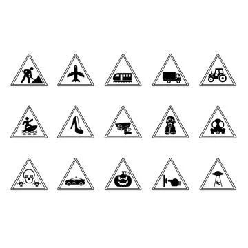 Triangular Road Signs. Vector Icons. Warning Signs. Road Works, Airport, Tr.. Illustrazione stock