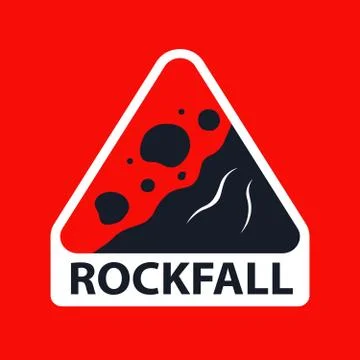 Triangular rockfall sign on a red background. Illustrazione stock