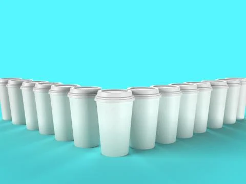 Triangular row of blank white coffee cup mockup 3d rendered image in cyan Stock Illustration