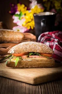 Triangular sandwich with cheese, ham and tomato. Stock Photos