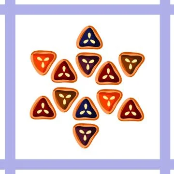 Triangular-shaped cookies form together hexagram on blue and white background Stock Illustration