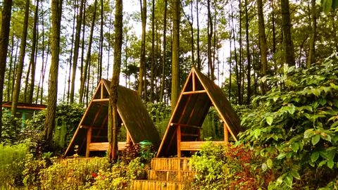 Triangular shaped gazebo made of wood Stock Photos