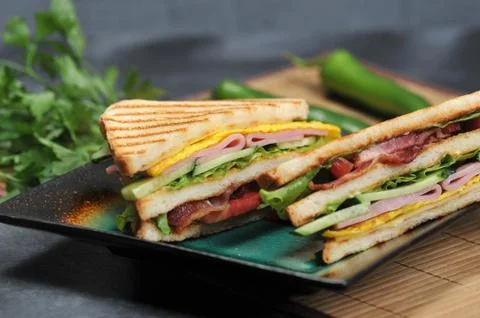 Triangular shaped sandwiches with ham and omelet on a plate Stock Photos