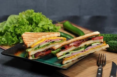 Triangular shaped sandwiches with ham and omelet on a plate Stock Photos