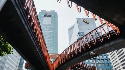 A triangular ship pedestrian bridge photographed from bottom view Stock Photos